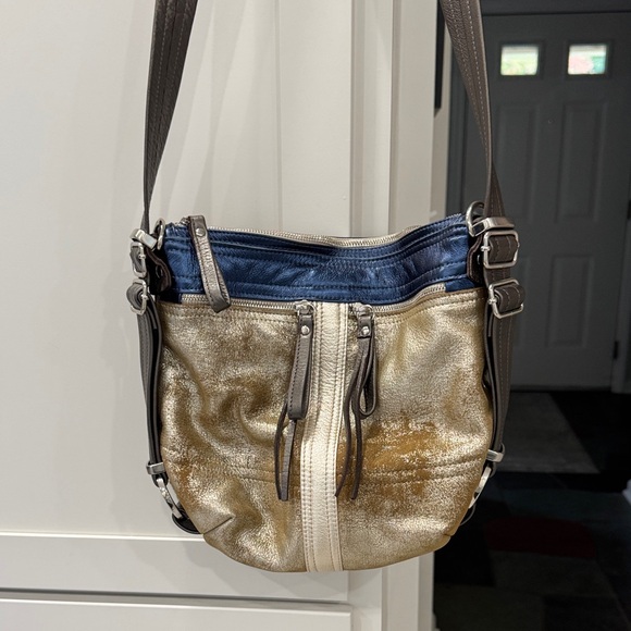 Handbags - Natasha Dueham Gold and Blue Leather Crossbody Bag NWOT